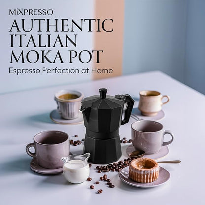 Mixpresso Black 3 Cup Moka Pot Cuban Coffee Maker, Moka Pot for Gas, Electric Stove Top, Classic Italian Coffee Maker, Stovetop Espresso Maker, Camping Pot Makes 3 Espresso Cup 5 Oz