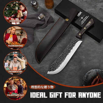 Huusk Butcher Knife for Meat Cutting, Hand Forged Meat Knives, High Carbon Cleaver with Wood Handle, Slicing Knife with Box, Ideal Gift for Man and Women