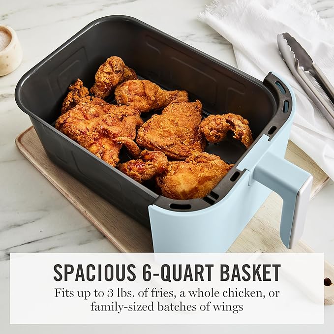 Martha Stewart 6QT Air Fryer, 6-in-1, Bake, Broil, Roast, Air Fry, Dehydrate, Reheat, Ceramic Non-Stick Basket, Crispy Results Fast, 400°F Max Temp, Shake Reminder, Sky Blue