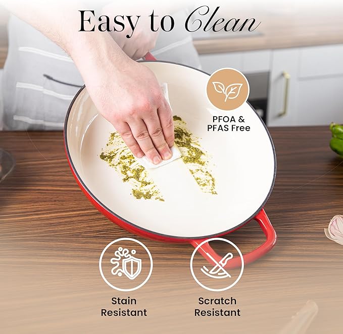 Shallow Cast Iron Casserole with Lid – Non Stick Dutch Oven Pot, Oven Safe up to 500° F – Sturdy Ovenproof Stockpot Cookware – Enamelled Cooking Pot – Red, 3.7-Quart, 30cm – by Nuovva