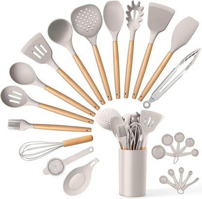 E-far Silicone Kitchen Utensils Set with Holder, 25-Piece Cooking Utensil Set with Wooden Handle for Nonstick Cookware, 446°F Heat Resistant Kitchen Tool Spatula Tong Whisk, Non-toxic & Healthy, Khaki