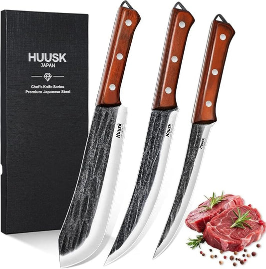 Huusk Butcher Knife Set for Meat Cutting, 3PCS Carving BBQ Brisket Knives, Hand-forged Kitchen Knive Set with Ergonomic Handle, Gifts for Men Women