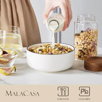 MALACASA 24 OZ Cereal Bowls, Porcelain Soup Oatmeal Bowls Set of 6, White Kitchen Ceramic Serving Bowl wtih Black Rim, Dishwasher Microwave Oven Safe, White, Series LUNA