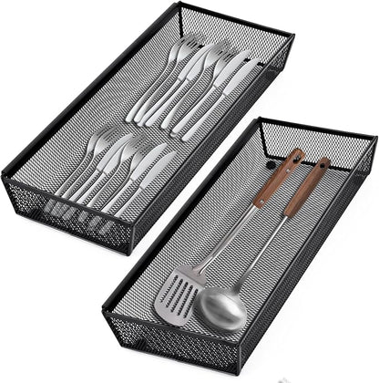 Neudeco Drawer Organizer, Black, 5 Pack, 15x6.2x2 inches | Metal Mesh Silverware Tray, Interlocking Design, 5 Compartment, For Kitchen Utensils