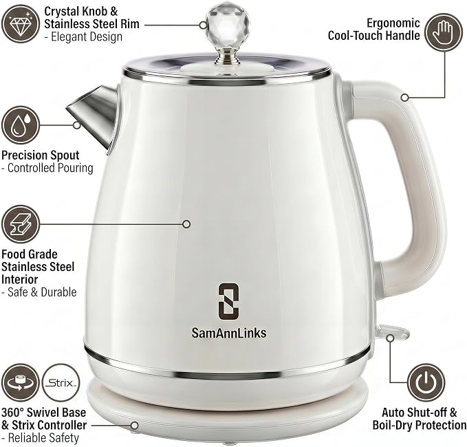 Electric Kettle - 1.8L Cordless Tea Pot, Stainless Steel Interior, Fast Boiling, Double Wall Insulation, Auto Shut-Off, White