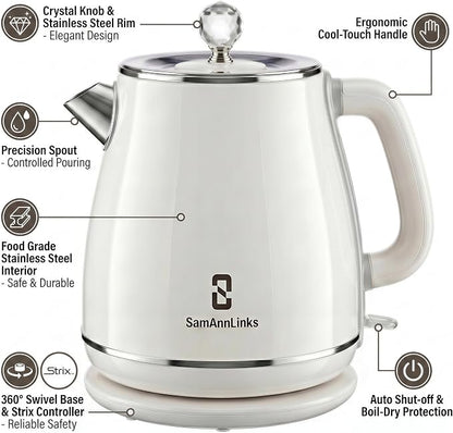 Electric Kettle - 1.8L Cordless Tea Pot, Stainless Steel Interior, Fast Boiling, Double Wall Insulation, Auto Shut-Off, White