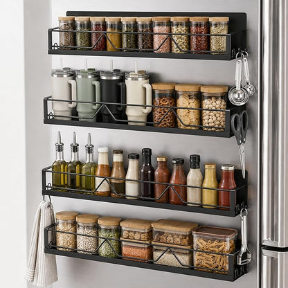 Magnetic Spice Rack for Refrigerator & Oven, 4 Pack XL Heavy Duty Magnetic Shelf for Fridge with Hooks, No Drill Rust Proof Shelves for Washer and Dryer, Sleek fridge magnet organizer