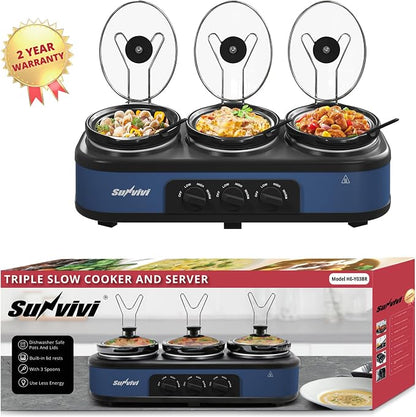 Triple Slow Cooker & Food Warmer, 3×1.5 QT Buffet Slow Cooker with Removable Ceramic Pots, PFAS-Free, 3 Temperature Settings, Dishwasher-Safe Glass Lids & Spoons for Parties Families, Blue