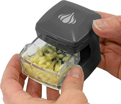 Garlic-A-Peel Garlic Press, Crusher, Cutter, Mincer, and Storage Container - Includes Silicone Garlic Peeler - Easy to Clean - Stainless Steel Blades – (Grey), standard