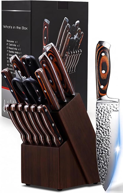 Methway Knife Set, 15-Piece Kitchen Knife Set with Block, High Carbon Stainless Steel Japanese Knife Set, Sharp Hammered Finish, Full Tang, Ergonomic Wood Grain Handle, Dishwasher Safe, Brown