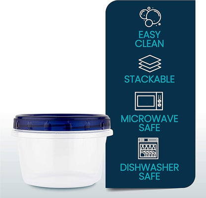 PLASTICPRO [16 oz 5 Pack] Deli Containers Clear bottom With blue Top Twist on Lids Reusable, Stackable, Food Storage Freezer Container