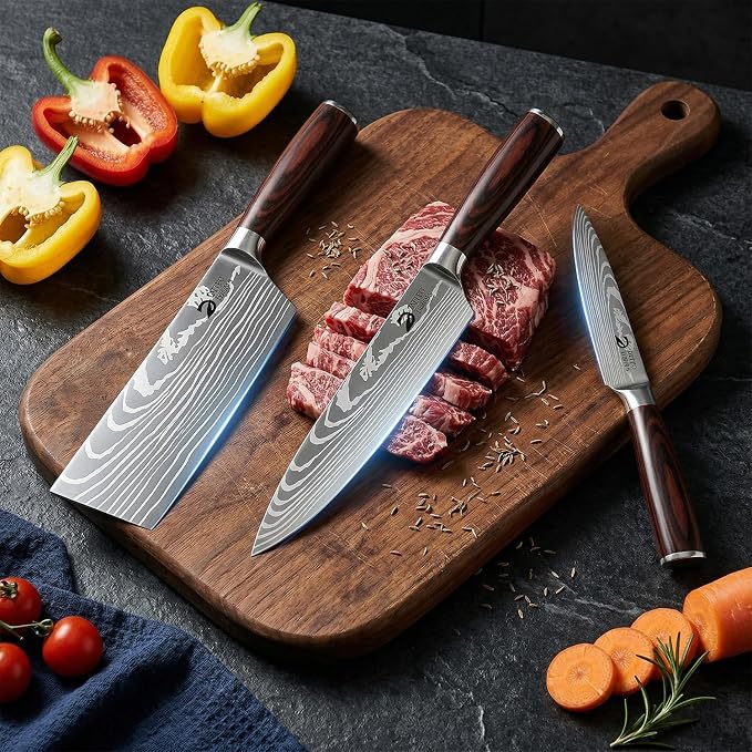 Dfito Kitchen Knife Set, 3 Pieces High Carbon Stainless Steel Chef Knife Set with Red Pakkawood Handle, Ultra Sharp Professional Chef Knives Sets for Home Cooking, Dishwasher Safe