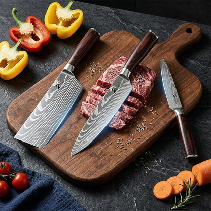 Dfito Kitchen Knife Set, 3 Pieces High Carbon Stainless Steel Chef Knife Set with Red Pakkawood Handle, Ultra Sharp Professional Chef Knives Sets for Home Cooking, Dishwasher Safe