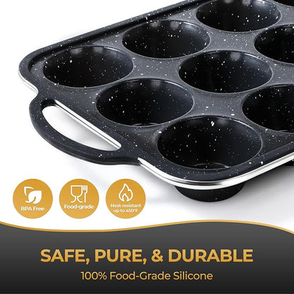 12-Cup Silicone Muffin Pans for Baking, Black with White Dots, Non-Stick with Reinforced Steel Frame for Stability, BPA-Free Bakeware