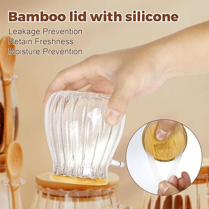 holoith 2Pcs Sugar Container with Bamboo Lid and Spoon,15oz Sugar Bowl Glass Jar for Coffee Bar Accessories Coffee Canister Kitchen Decor Housewarming Gift Christmas Refillable Design