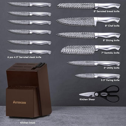 Knife Set, Astercook 15 Pieces Kitchen Knife Set with Built-in Sharpener, German Stainless Steel Knife Block Set, Razor-Sharp Knives with Full-tang Handle, Dishwasher Safe