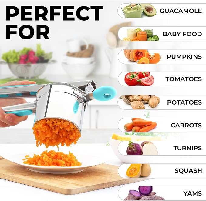 Zulay Kitchen Large 15oz Potato Ricer, Heavy Duty Stainless Steel Potato Masher and Ricer for Mashed Potatoes, Mashed Potato Masher & Potato Press Gadget for Perfect Mashed Potatoes - Turquoise