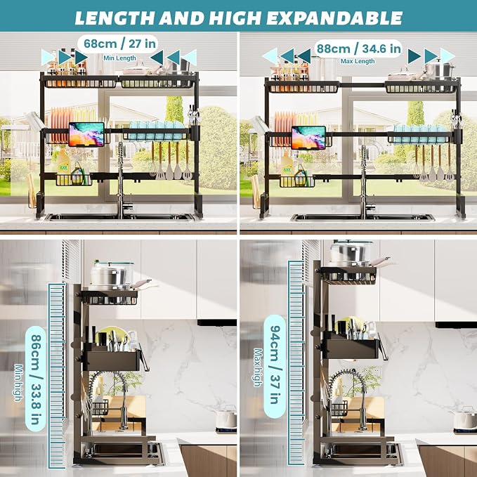 ADBIU Over The Sink Dish Drying Rack (Expandable Height and Length) Snap-On Design 2 Tier Large Dish Rack (27-40L x 12W x 32.5-37H (inches))