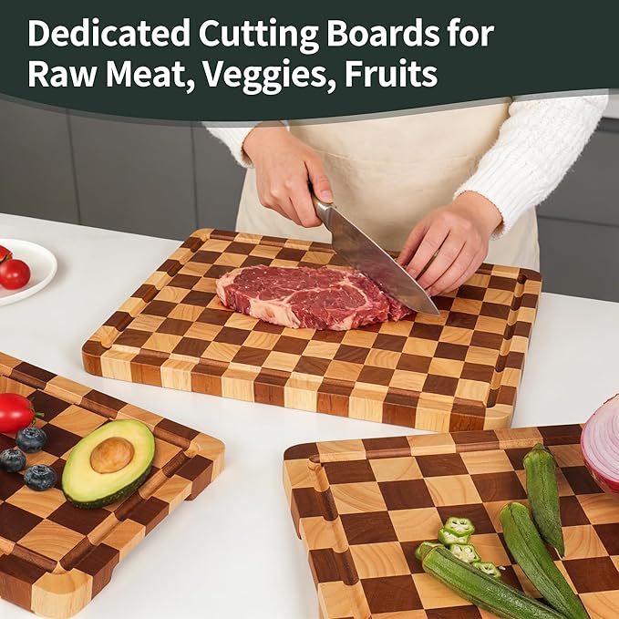 WILLKOMMEN Checkered Cutting Board Set, 3-Piece Wood Checkerboard End Grain Chopping Boards with Holder & Juice Groove Wooden Kitchen Cutting Board for Cooking and Serving (S, M, L)