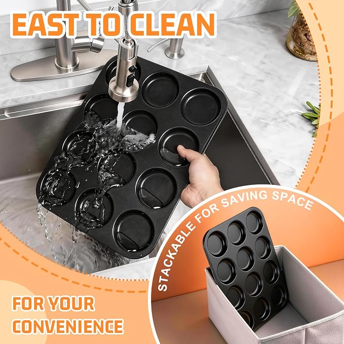 P&P CHEF 12-Cup Muffin Top Pan (2 Piece), Stainless Steel Muffin Pan Cupcake Tin with Shallow Side for Whoopie Pie & Yorkshire Pudding, Easy Clean & Oven Safe, Black