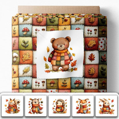 Autumn Animals Patchwork Cotton Fabric Panel – 6 Designs (10×10 inch Each) + Bonus Patchwork Sheet 29.5×19.6 inch, 100% Cotton 140 GSM
