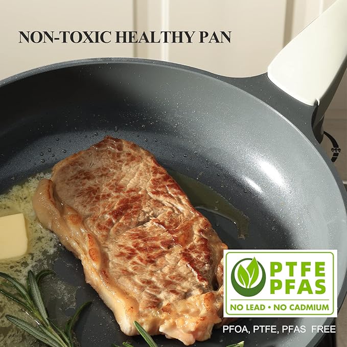 PRICUSIS Nonstick Ceramic Frying Pan, 8/10/12 Inch Non Toxic Skillet, Egg & Omelet & Chef's Pan, Induction Compatible, Dishwasher Safe,PTFE PFAS & PFOA Free (10 Inch, Gray)