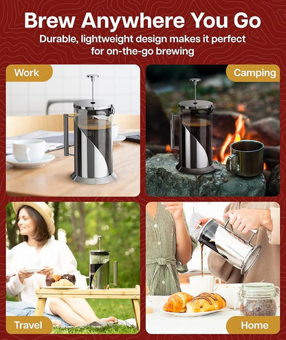 Cafe Du Chateau Stainless Steel French Press Coffee Maker 34 oz – Insulated Coffee Press with 4-Level Filtration, Manual Brewer for Tea, Camping & Travel, BPA-Free Glass (Pack of 2)