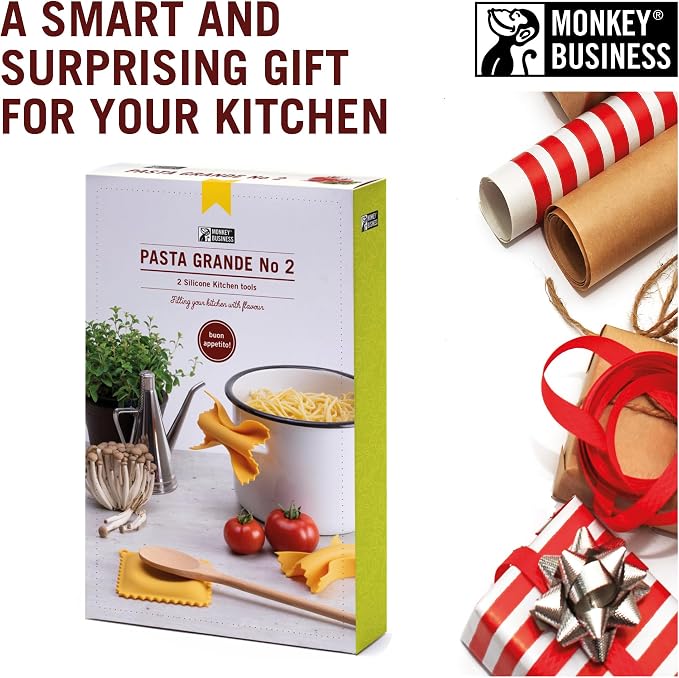 Monkey Business Pasta Shaped Silicone Kitchen Tools in a Gift Box / 2 of Our Big Pasta Shaped Kitchen Gadgets/Farfalloni Shaped Pot Grips, and Ravioli-Shaped Spoon Rest/Pasta Grande No. 2