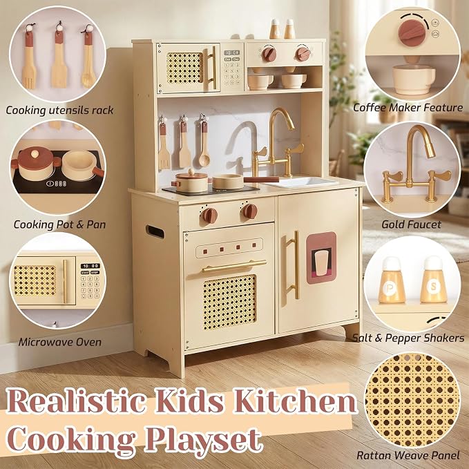 Wooden Kitchen Playsets for Kids, Pretend Play Kitchen with Realistic Clicking Sounds, Gold Faucet, Coffee Maker & Cooking Accessories, Set for Toddlers Boys Girls Age 3+