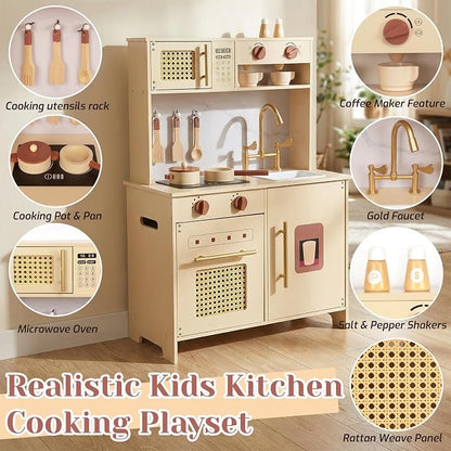 Wooden Kitchen Playsets for Kids, Pretend Play Kitchen with Realistic Clicking Sounds, Gold Faucet, Coffee Maker & Cooking Accessories, Set for Toddlers Boys Girls Age 3+