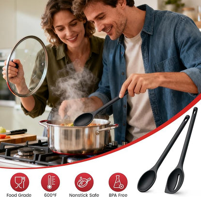 Silicone Spoons for Cooking, 600°F Heat Resistant Cooking Spoon with Solid & Slotted Spoon for Mixing, Serving, Stirring, Scraping, BPA Free Silicone Kitchen Utensil Set, Dishwasher Safe (2Pcs, Black)