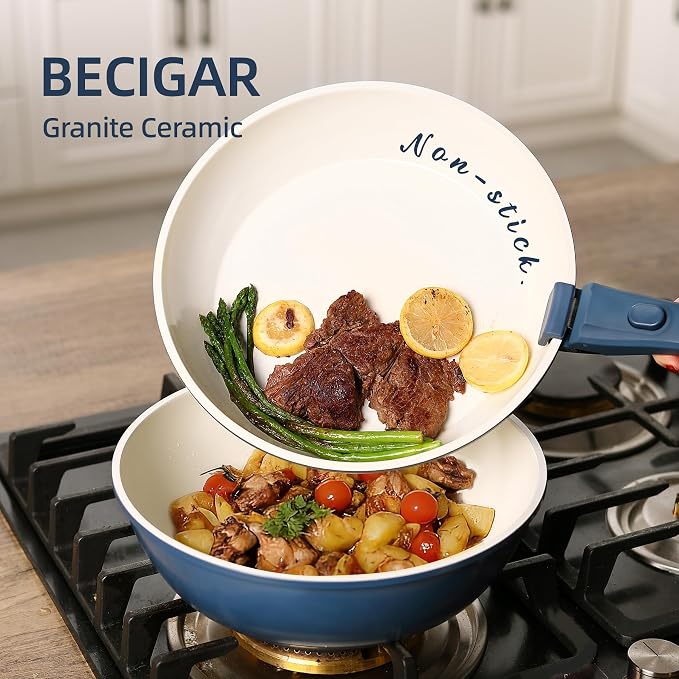 BECIGAR 23pcs Ceramic Pots and Pans Set, Nonstick Detachable Handle Cookware, Induction Kitchen Cooking Set with Removable Handle,include Frying Pans & Saucepans Oven Safe(Blue)