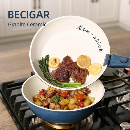 BECIGAR 23pcs Ceramic Pots and Pans Set, Nonstick Detachable Handle Cookware, Induction Kitchen Cooking Set with Removable Handle,include Frying Pans & Saucepans Oven Safe(Blue)