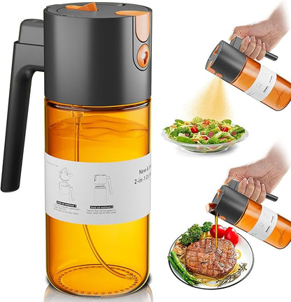 OURCABECUE Upgrade 2 in 1 Oil Sprayer for Cooking, 17oz Light-Blocking Glass Olive Oil Dispenser Bottle for Kitchen,Food-Grade Oil Mister with 8 Stickers for Salad, Frying(Amber Bottle-Black Gap)