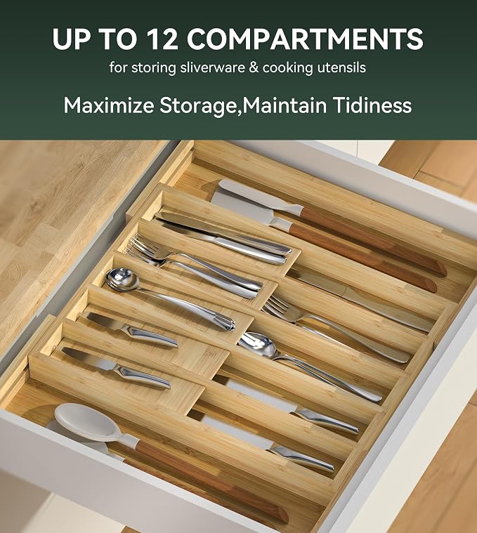 Expandable Silverware Drawer Organizer for Utensil,Bamboo 12 Slot | 13"-20"W x16.7"D x 1.97“H, Vertical Storage,Kitchen Cutlery Tray Dividers for Spoons Forks Knives