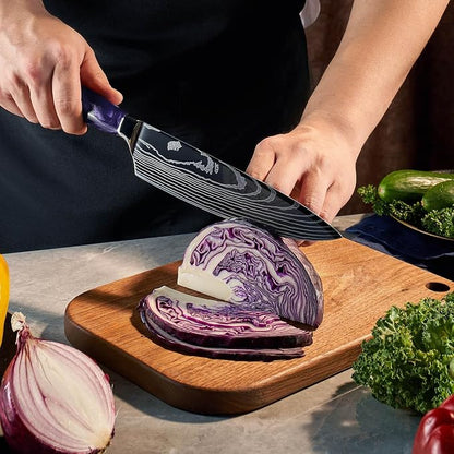 SENKEN 8-Piece Japanese Knife Set with Purple Resin Handle and Laser Damascus Pattern - Amethyst Collection - Chef's Knife, Cleaver, Santoku, Paring Knife, & More (Amethyst Purple)