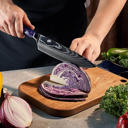 SENKEN 16-Piece Knife Block Set - Japanese High Carbon Stainless Steel with Damascus Pattern, Purple Resin Handles, 6 Steak Knives & Acacia Hardwood Block (Purple)