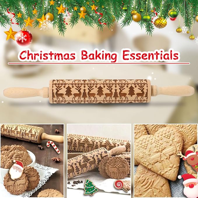 Christmas Embossed Rolling Pin for Baking Cookies Embossing Rolling Pins with Design Wooden Engraved Springerle Roller Pin Animal Dough Patterned Clay Pottery Ceramic Bakers Women (Reindeer & Tree)