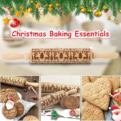 Christmas Embossed Rolling Pin for Baking Cookies Embossing Rolling Pins with Design Wooden Engraved Springerle Roller Pin Animal Dough Patterned Clay Pottery Ceramic Bakers Women (Reindeer & Tree)