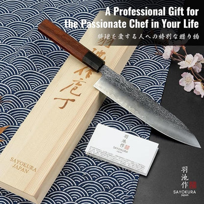Japanese Chef Knife, Professional Kitchen Knives with VG10 Steel Core, 8.27 Inch Handcrafted Gyuto Knife with Ergonomic Rosewood Handle & Wooden Gift Box, Ultra Sharp Cooking Gifts for Chefs Men Women