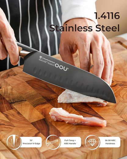 OOU 7 Inch Santoku Knife, German 1.4116 Stainless Steel Kitchen Knife, Gunmetal Blade with AgShield & TinSharp Finish, Balanced ABS Handle, Sharp Cooking Knife for Meat, Vegetables and Daily Prep