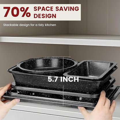 Terlulu 10-Piece Baking Pans Set, Bakeware Sets Nonstick, Baking Set for Oven Cooking, Stackable Carbon Steel Set Include Cookie Sheets, Muffin Pan, Cake Pan, Pizza Pan, Loaf Pan, Roasting Pan, Black