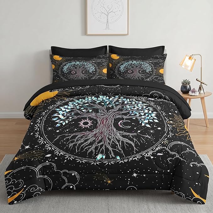 Pamnest Comforter Set Full Size, Trippy Hippie Tree of Life 7 Pcs Bedding for Kids and Adults, Sun and Moon Bohemian Bed Sheet Sets with Fitted Sheet 2 Pillowcase & 2 Sham for Bedroom Bed Decor