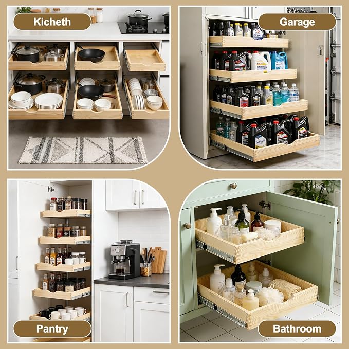 14" Pull Out Cabinet Drawer (Fits 15" Cabinet Opening), Wood Slide Out Cabinet Shelf Organizer with Ball Bearing Slides, Clear Lacquer Finish, Heavy Duty Kitchen Cabinet Pull Out Shelves