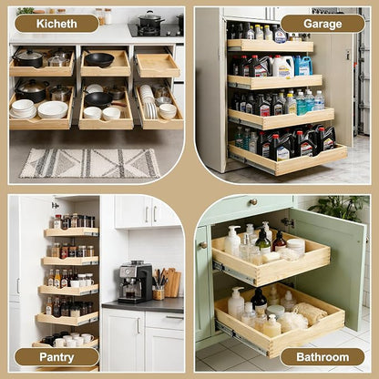 14" Pull Out Cabinet Drawer (Fits 15" Cabinet Opening), Wood Slide Out Cabinet Shelf Organizer with Ball Bearing Slides, Clear Lacquer Finish, Heavy Duty Kitchen Cabinet Pull Out Shelves
