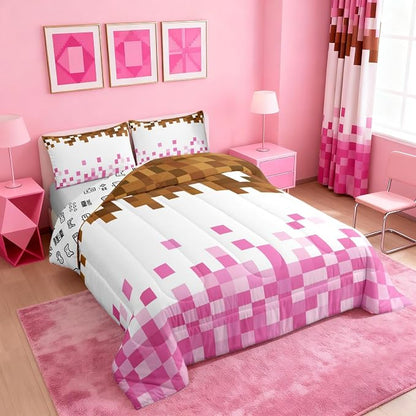 Manfei Pixelated Theme Kids Comforter Toddler Size,Geometric Grid Quilt Set for Kids Boys Girls Bedroom Decor,Video Games Gamepad Bedding Set,Pink White Brown Duvet Insert,1 Pillowcase