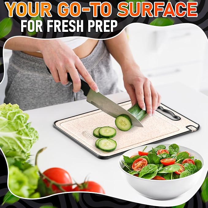 Titanium Cutting Board with Knife Sharpener 14.3"x9.8" – Double Sided GR1 Titanium Cutting Boards for Meat, with Wheat Straw + PP Side for Fruits – Built-in Handle, Garlic Grater & Juice Grooves