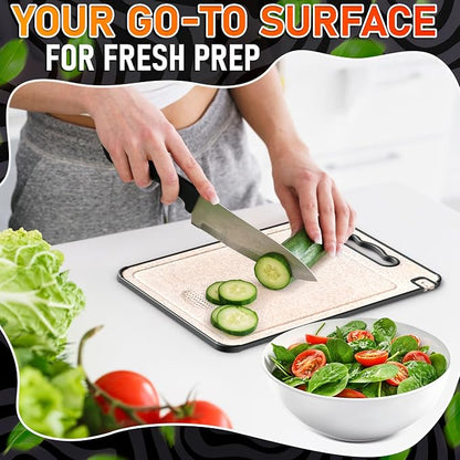 Titanium Cutting Board with Knife Sharpener 14.3"x9.8" – Double Sided GR1 Titanium Cutting Boards for Meat, with Wheat Straw + PP Side for Fruits – Built-in Handle, Garlic Grater & Juice Grooves