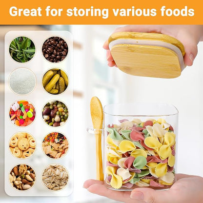 Glass Jars with Airtight Lids - 2 Pack 24 Fl.oz Square Glass Storage Jars with Bamboo Lid and Spoon, Stackable Kitchen Pantry Container Clear Food Canister for Spice, Coffee, Sugar, Tea, Nuts
