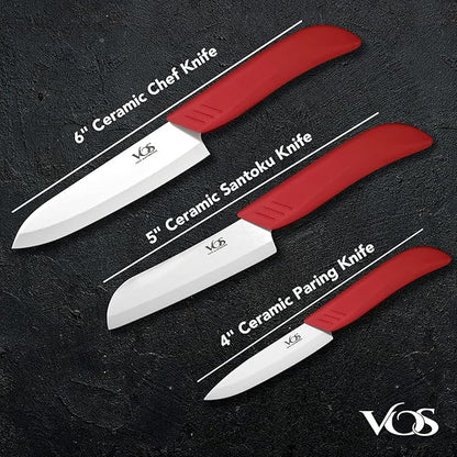 Vos Ceramic Knife Set in Elegant Gift Box, Ceramic Knives Set For Kitchen, Ultra Sharp Kitchen Knife Set with Covers, 4" 5" 6" Paring, Santoku & Chef Knife, Lightweight, Dishwasher safe (Red Handle)